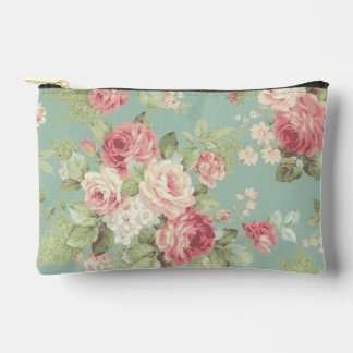 Pink cabbage roses on aqua background accessory pouch