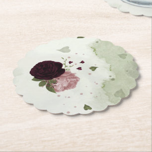 pink & cabernet flowers greenery paper coaster
