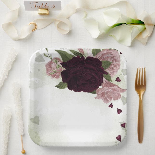 pink & cabernet flowers greenery paper plate (Wedding)