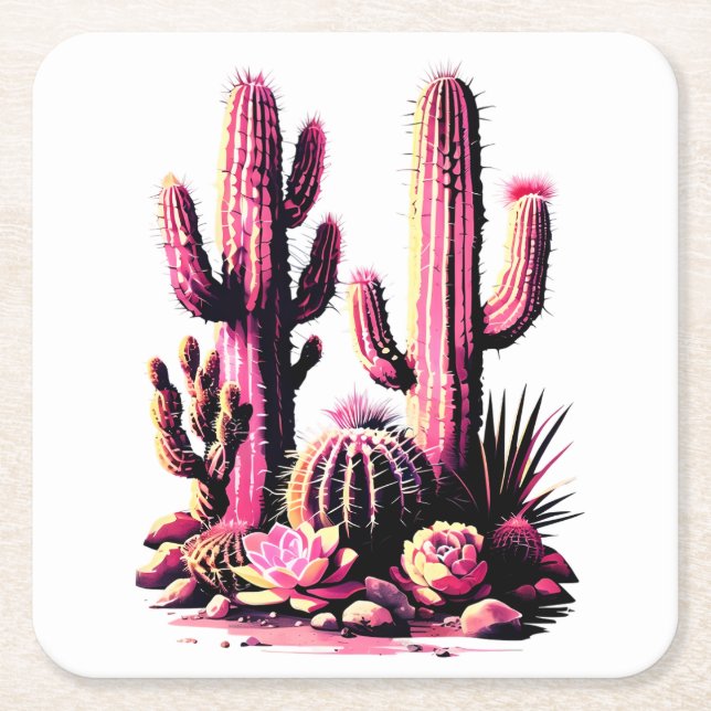 Pink Cacti Batch Square Paper Coaster (Front)