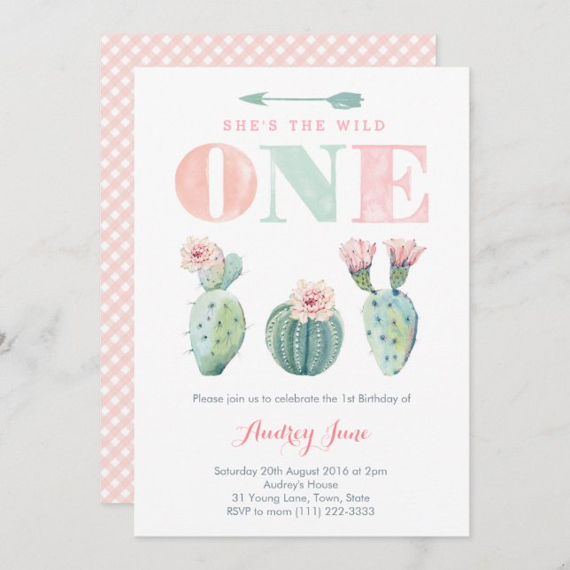 Pink Cacti Girl 1st Birthday invitations, Desert Invitation (Front/Back)
