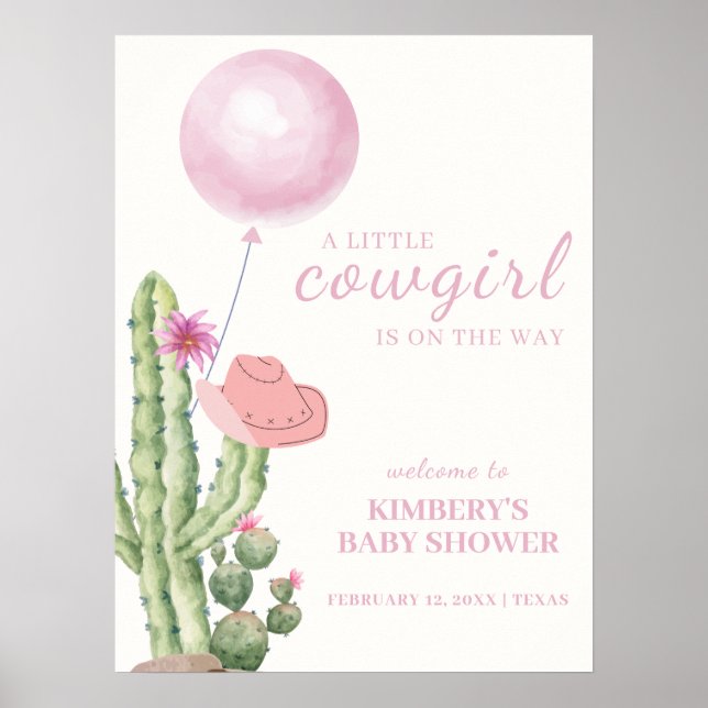 Pink Cactus Balloon Cowgirl Baby Shower Welcome  Poster (Front)