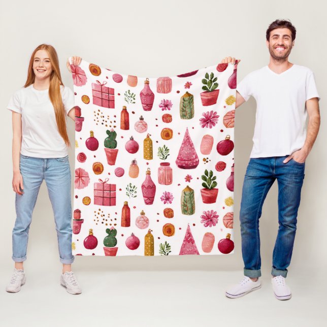 Pink Cactus Christmas Ornaments Pattern Fleece Blanket (In Situ)