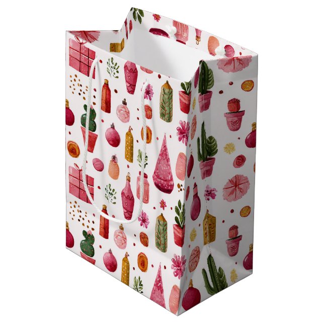 Pink Cactus Christmas Ornaments Pattern Medium Gift Bag (Front Angled)