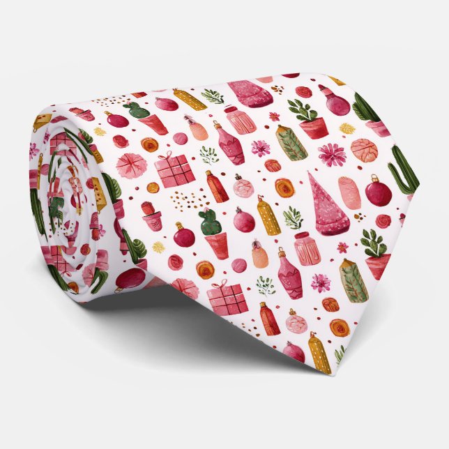 Pink Cactus Christmas Ornaments Pattern Tie (Rolled)