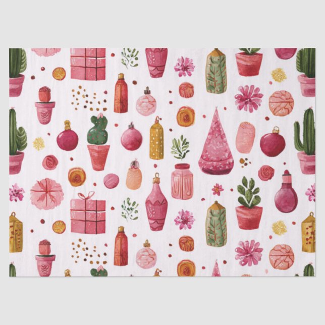 Pink Cactus Christmas Ornaments Pattern Tissue Paper (Front)