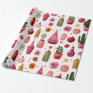 Pink Cactus Christmas Ornaments Pattern Wrapping Paper