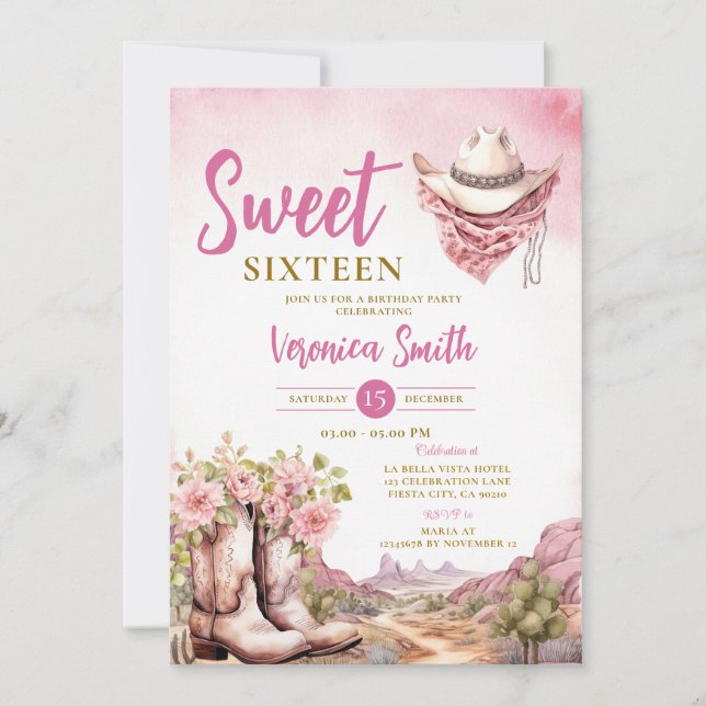 Pink Cactus Cowgirl Sweet Sixteen Boost Birthday Invitation (Front)