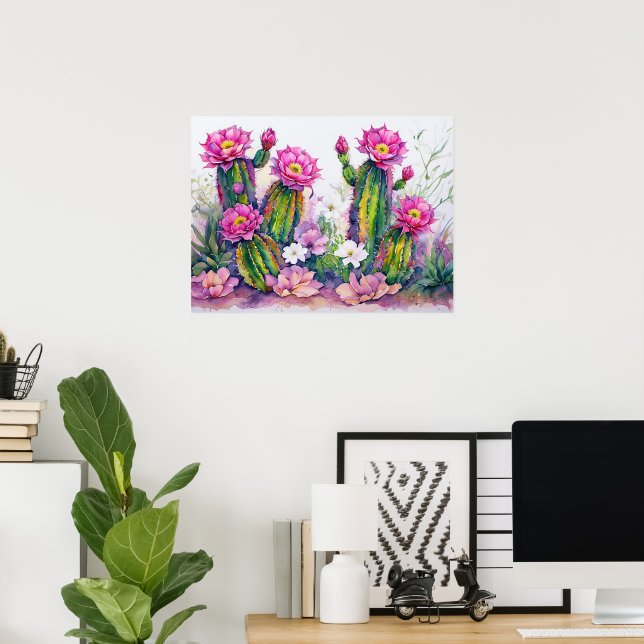 Pink Cactus Desert Flowers Art Poster - Arizona! (Home Office)