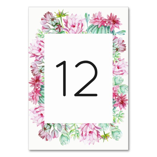 Pink Cactus Flowers Succulents Table Number (Front)