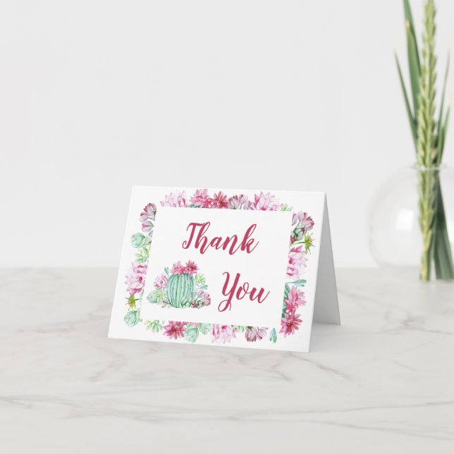 Pink Cactus Flowers Succulents Watercolor Wedding Thank You Card (Front)