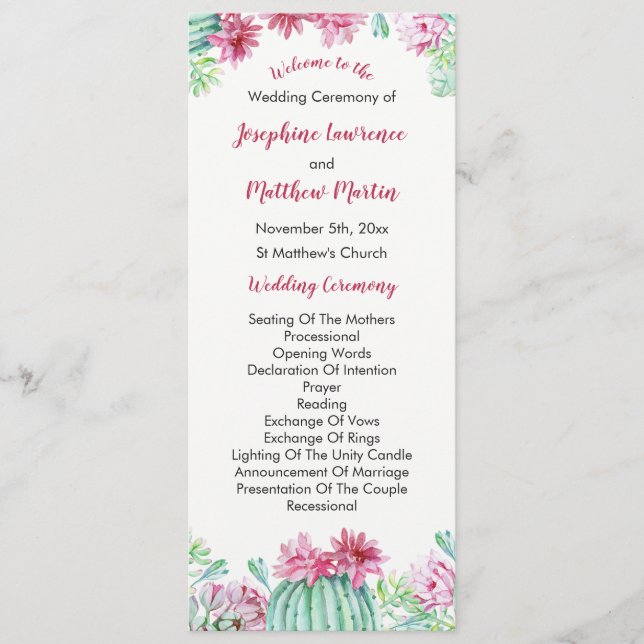 Pink Cactus Flowers Succulents Wedding Program Programme (Front)