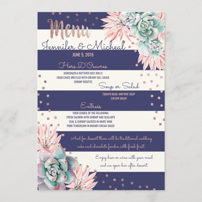Pink Cactus Navy Stripes Rose Gold Wedding Menu (Front)