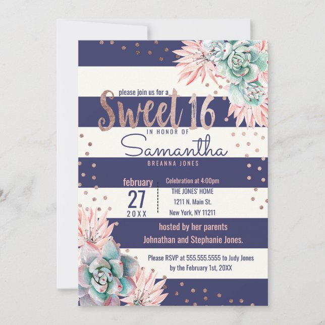 Pink Cactus Navy Stripes Rose Sweet 16 Invitations (Front)