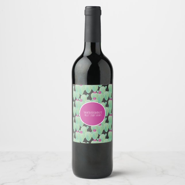 Pink Cactus Pattern  Greenery Thank You Wine Label (Front)