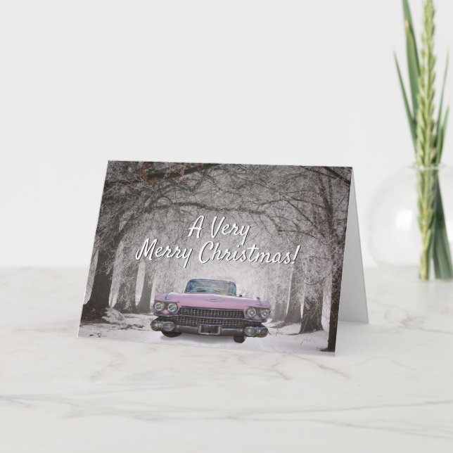 Pink Cadillac Classic Vintage Car Christmas Card (Front)