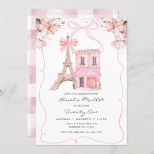 Pink Cafe Paris Bow Eiffel Tower Any Age Birthday Invitation