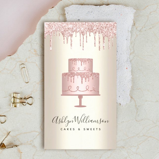 Pink Cake Bakery Glitter Drips Gold Chef Dessert Business Card (Creator Uploaded)