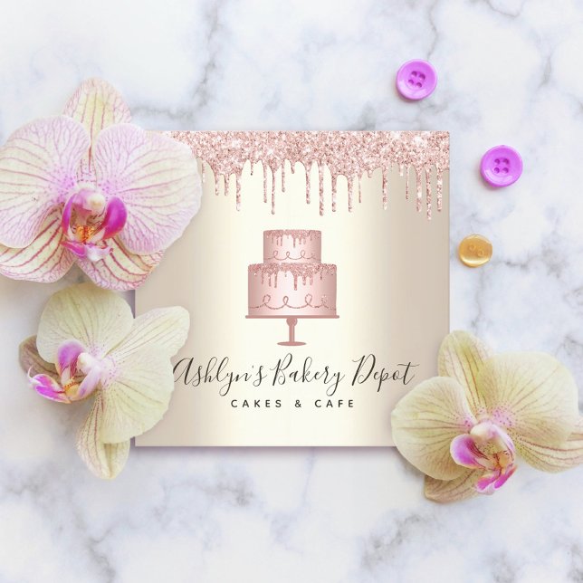 Pink Cake Bakery Gold Glitter Drips Dessert Gold Square Business Card (Creator Uploaded)