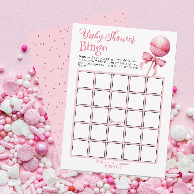Pink Cake Pop Baby Shower Bingo Game Invitation (Pink Cake Pop Girl Baby Shower "Bingo" Game Card -- Pink Candy Frame Collection)