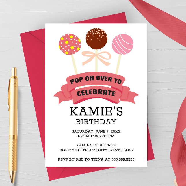 Pink Cake Pops Birthday Party Invitation (Pink Cake Pops Birthday Party Invitation)