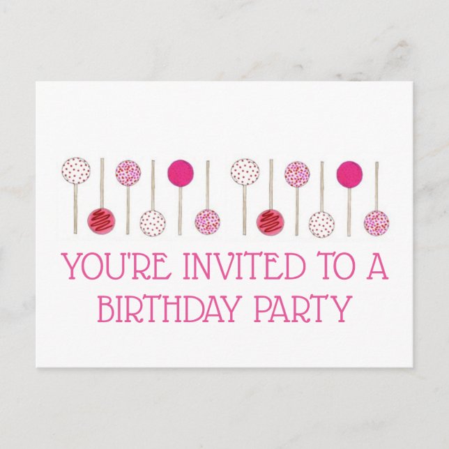 Pink Cake Pops Birthday Party Invitation Postcard (Front)