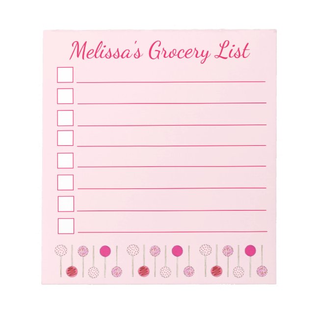 Pink Cake Pops Personalised Baking Grocery List Notepad (Front)