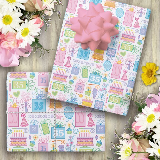 Pink Cake Presents Balloons 35th Birthday  Wrapping Paper Sheet (Creator Uploaded)
