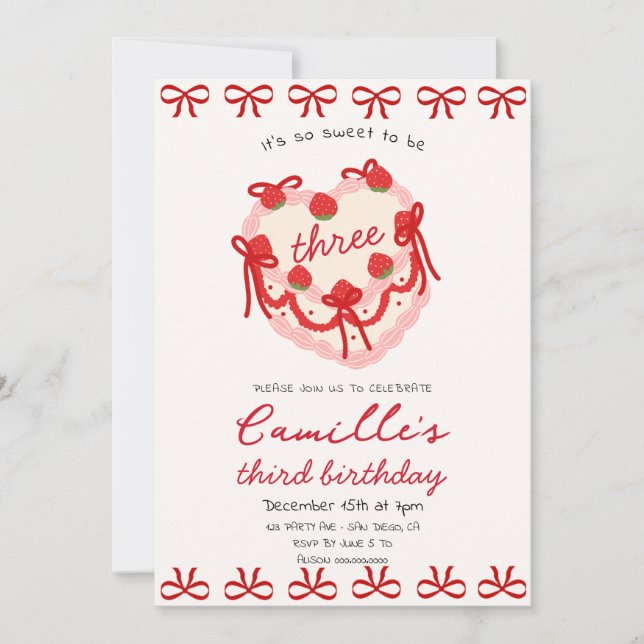 Pink Cake  & Red bow Birthday Invitation (Front)