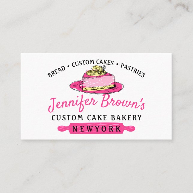 Pink Cake Slice Tasty Pastry Bakery Business Card (Front)
