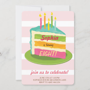 Pink Cake Striped Birthday Party Invitations