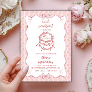 Pink Cake Sweetheart First Birthday Invitation