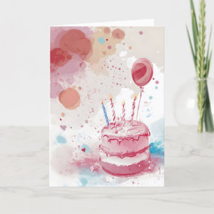 Pink Cake Watercolor Balloon Holiday Card