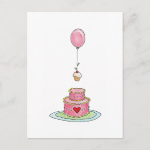 Pink Cake with Balloon and Cupcake Postcard