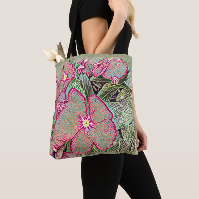 Pink Caladium Leaf and Abstract Botanical  Tote Bag (Close Up)