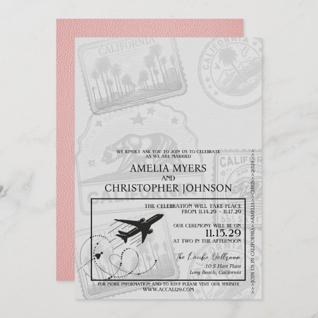 Pink California Passport Wedding Invitation (Front/Back)