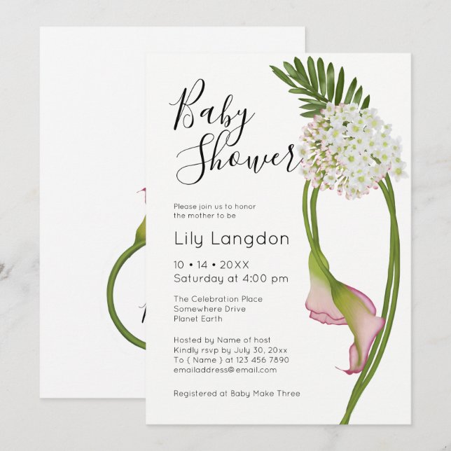 Pink Calla Lilies Elegant & Modern Floral | White Invitation (Front/Back)