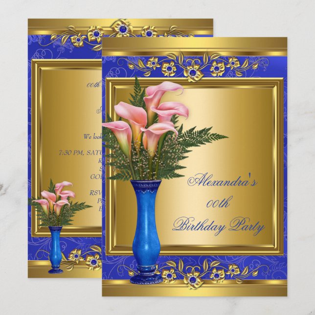 Pink Callie Royal Blue Pearl Gold Birthday Party 2 Invitation (Front/Back)