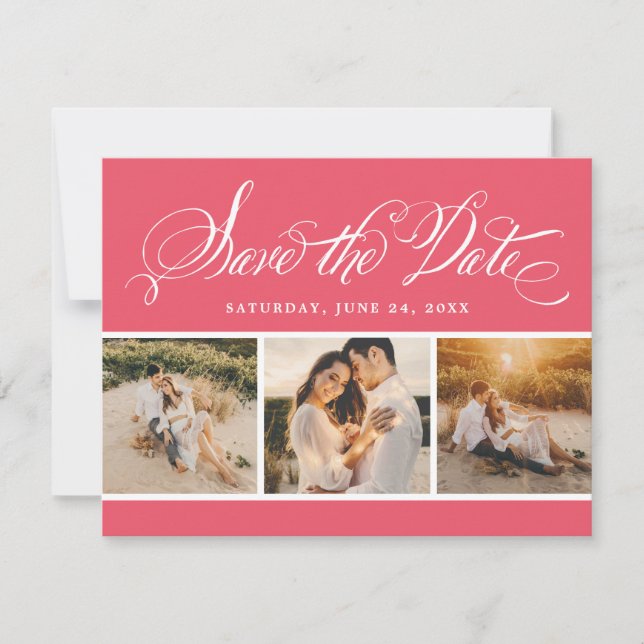 Pink Calligraphy Script Wedding Photo Collage Save The Date (Front)