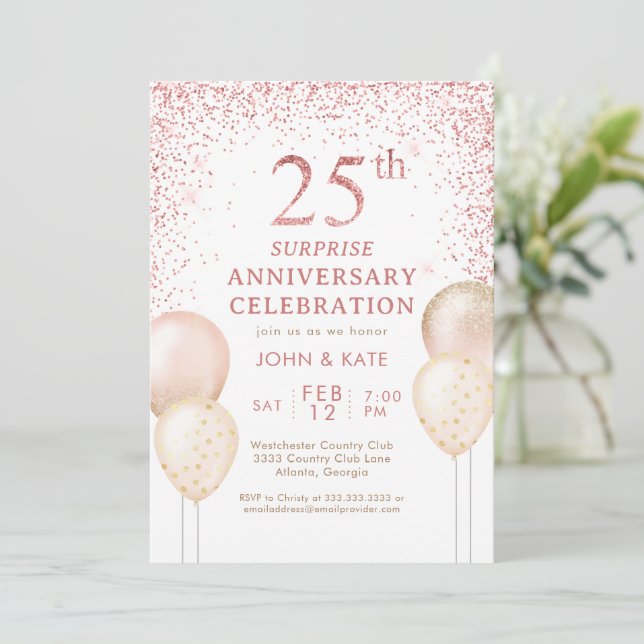 Pink Calligraphy Surprise 25th Anniversary Invitation (Standing Front)