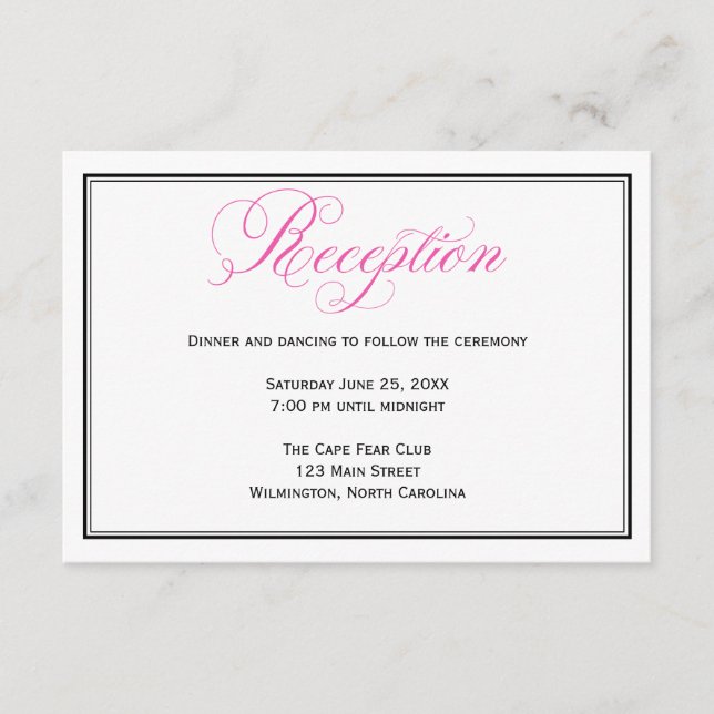 Pink Calligraphy Wedding Reception Details Card (Front)