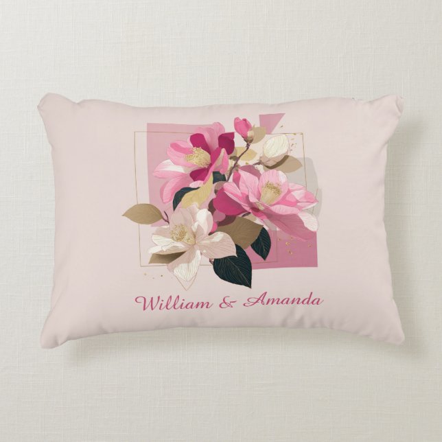 Pink Camellia Bloom Accent Pillow (Front)