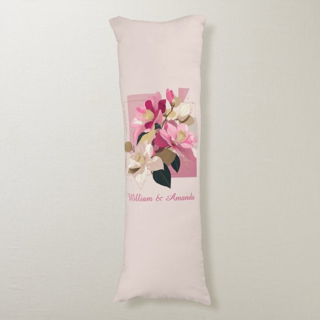 Pink Camellia Bloom Body Pillow (Front Vertical)