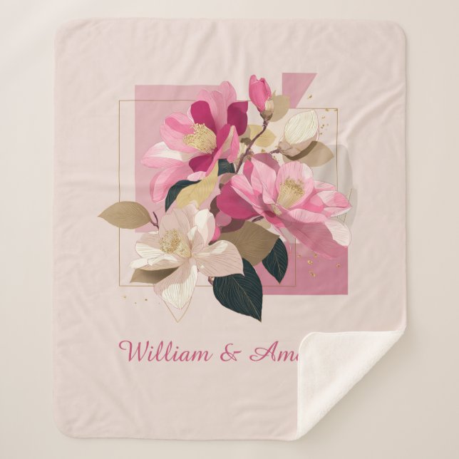 Pink Camellia Bloom Sherpa Blanket (Front)
