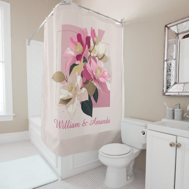 Pink Camellia Bloom Shower Curtain (In Situ)
