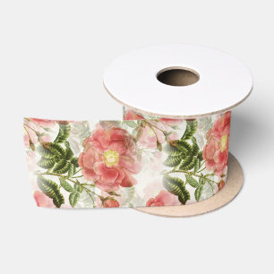 Pink Camellia Floral Pattern Satin Ribbon