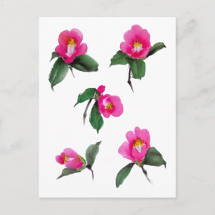Pink camellia sumie ink and watercolor painting postcard