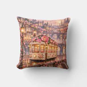 Pink Camellia Tram Romantic City Cushion