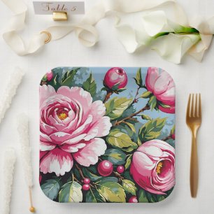 Pink Camellias And Blue Sky Paper Plate