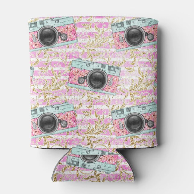 Pink Cameras on Striped Background Can Coolers (Back)